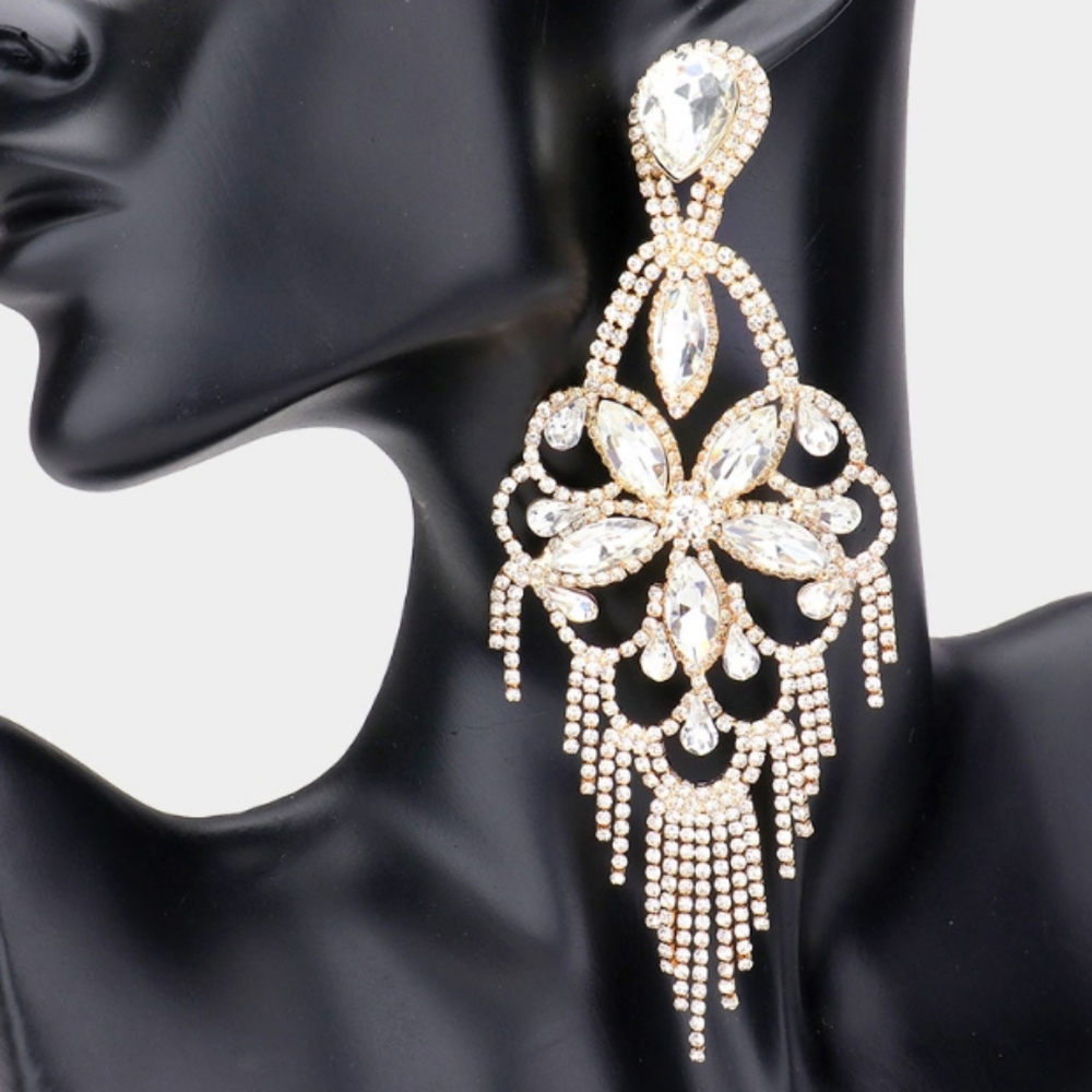 Marquise Stone Flower Accented Chandelier Evening Earrings